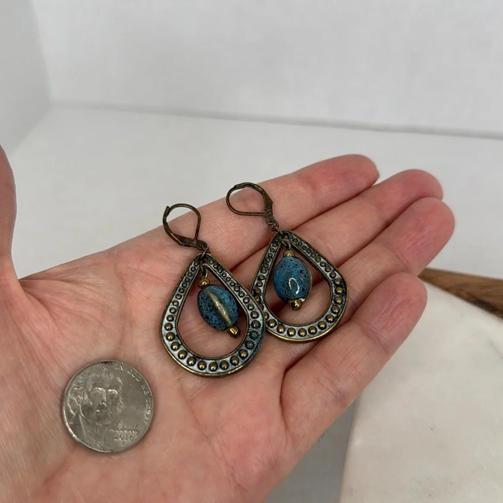 Premier Design Blue Ceramic Bead Brass Tone Dangle lot E9
